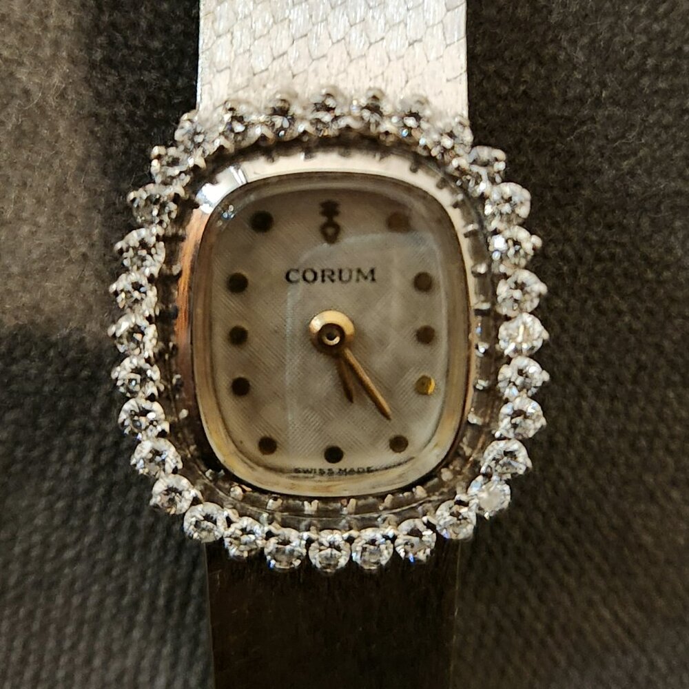 Ladies Vintage 18k White Gold Corum Watch with Diamond Bezel
